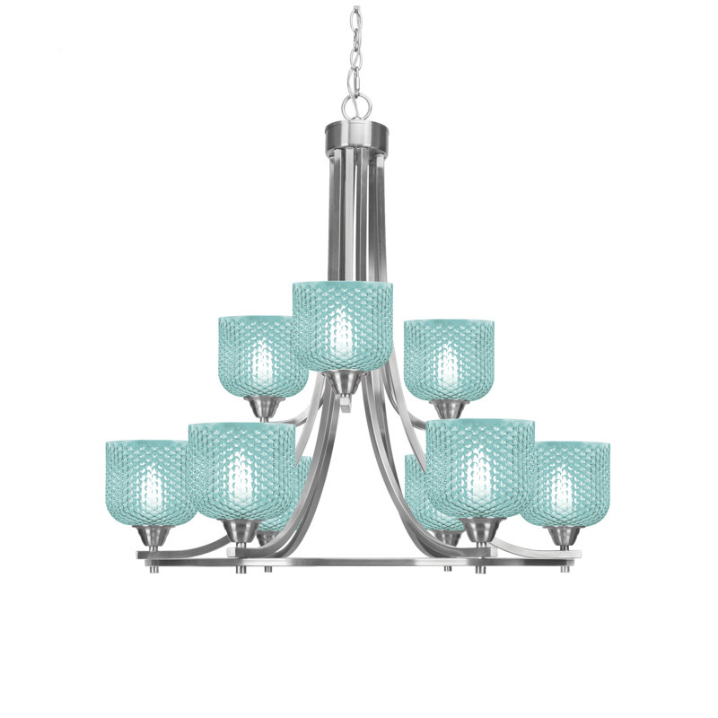 Lustre 9 lumières Allexus, Nickel brossé, Sarcelle