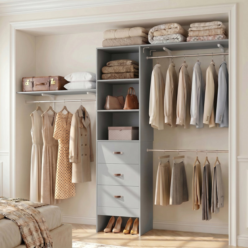  Système d'organisation l 20,2 à 120 po Quion avec tiroirs en bois et tringles de suspension (coupés sur mesure), Gris