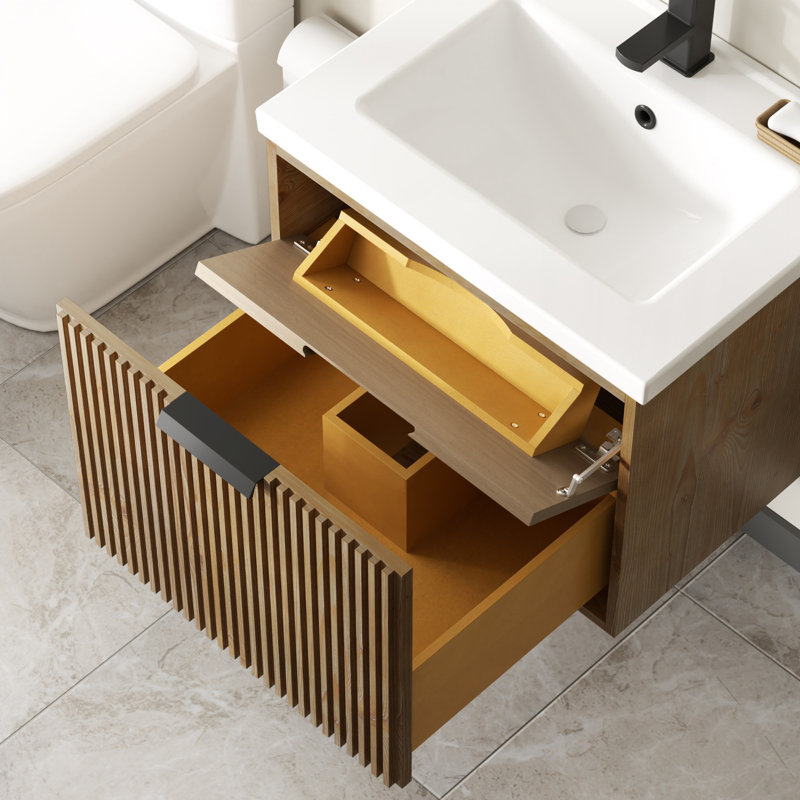 Meuble-lavabo flottant 24 po avec lavabo simple blanc Maxbano, Marron clair, Noir