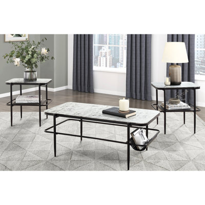 3Pc Occasional Table : Modern Style With White Marble Print Tempered Glass Top Portable Shelf