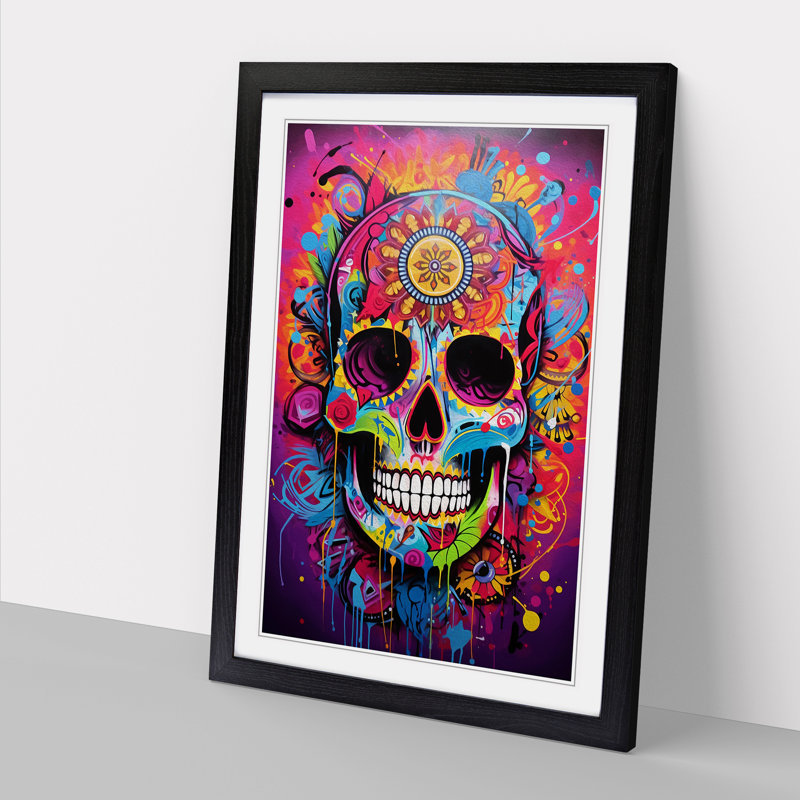 Sugar Skull Action Painting No.2 - Single Picture Frame Print on Wood, 46cm H x 34cm W x 2cm D, Black