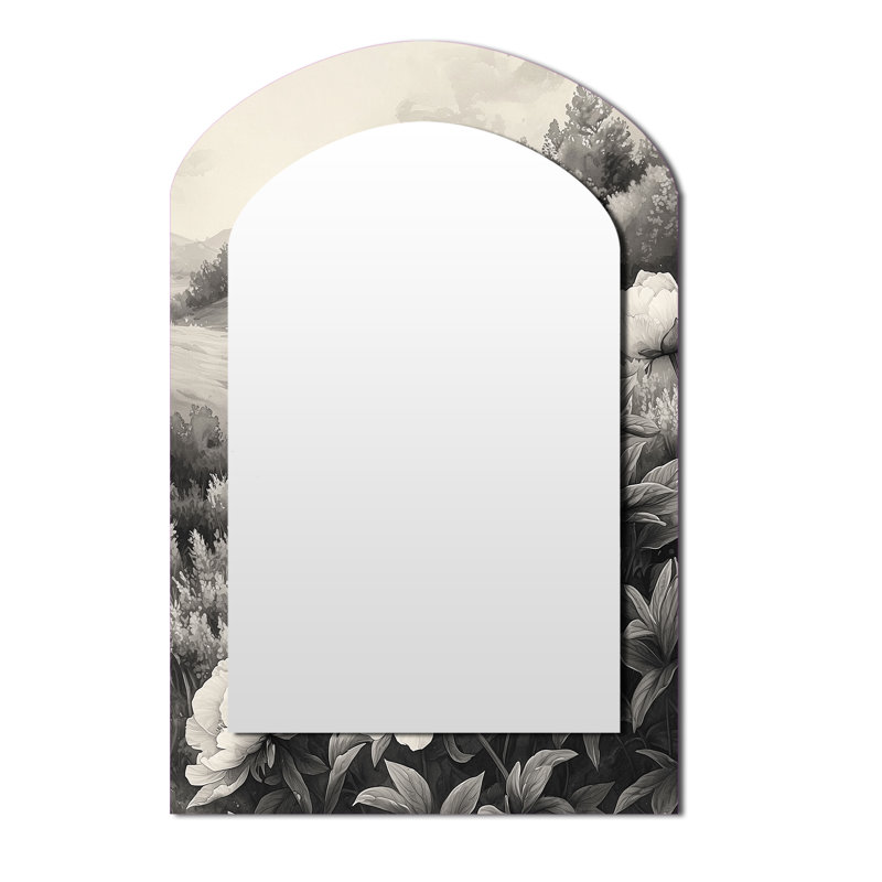 Mono pivoines et le moulin à vent I - miroir de forme irrégulière pivoines, miroir mural asymétrique gris unique, impression d'art en métal