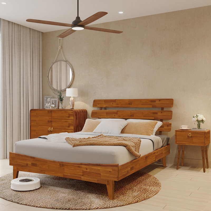 Lit plateforme en bois massif avec tête de lit ajustable Caden, style Mid-Century moderne, Grand, Caramel