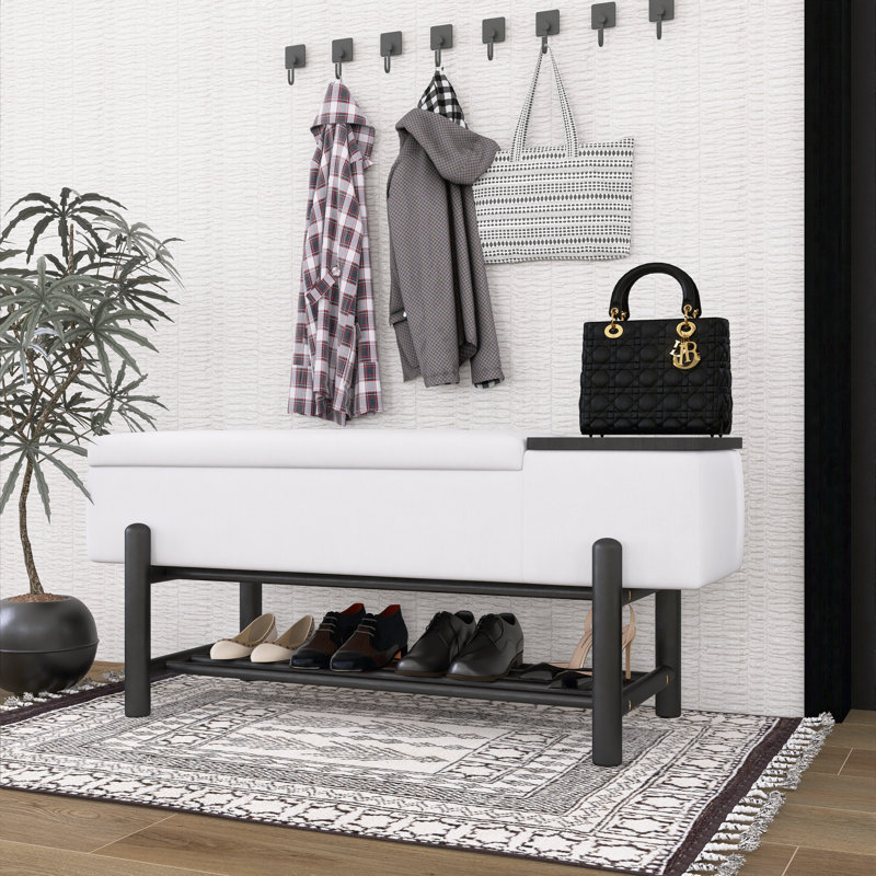 Farmhouse Upholstered Bench With Hidden Storage - Entryway & Living Room, Black