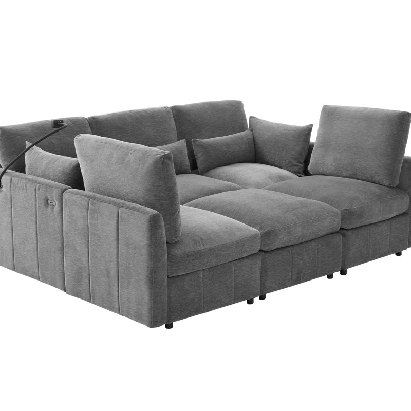 L-Shaped, Sectional , Living Room, Movable , Ports, Phone Holder, Chenille Upholstery, Grey Grey, Modular, Bed, Reconfigurable Charging, Lumbar Pillows, Easy To Assemble