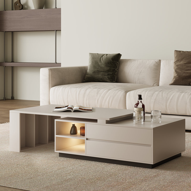 Modern Rectangular Coffee Table With Storage Shelves And Drawers, Extendable Design For Living Room, Lounge, Khaki