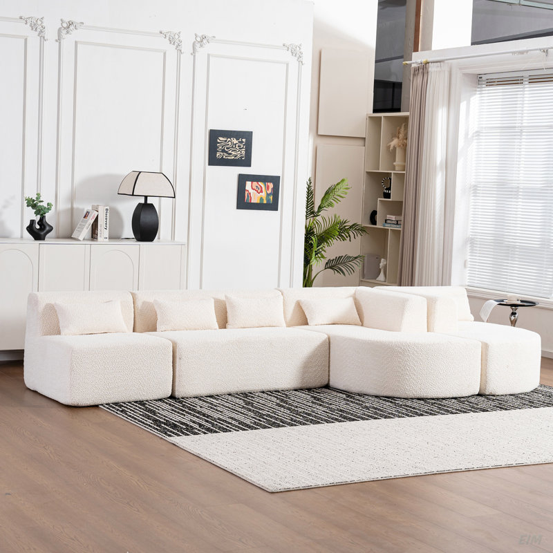 Canapé rembourré de 144 po avec deux méridiennes et cinq coussins de dossier pour le salon, Polyester beige