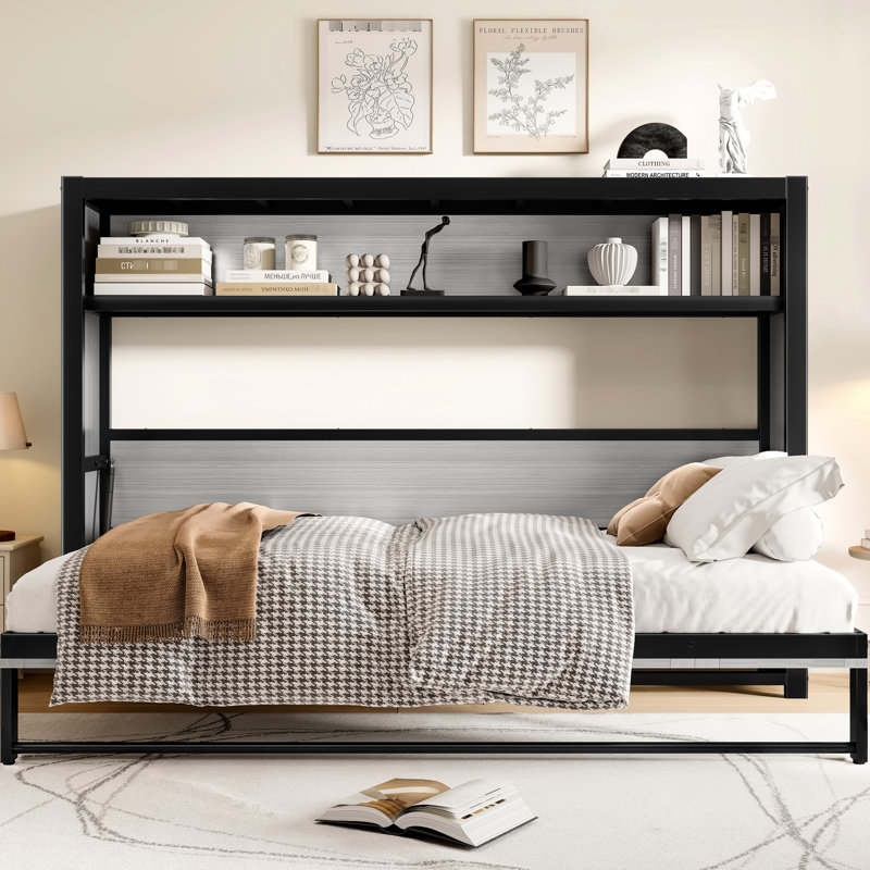 Lit simple gris pliable en métal avec tablettes, structure, peu encombrant, configuration rapide, construction idéale pour les bureaux à domicile