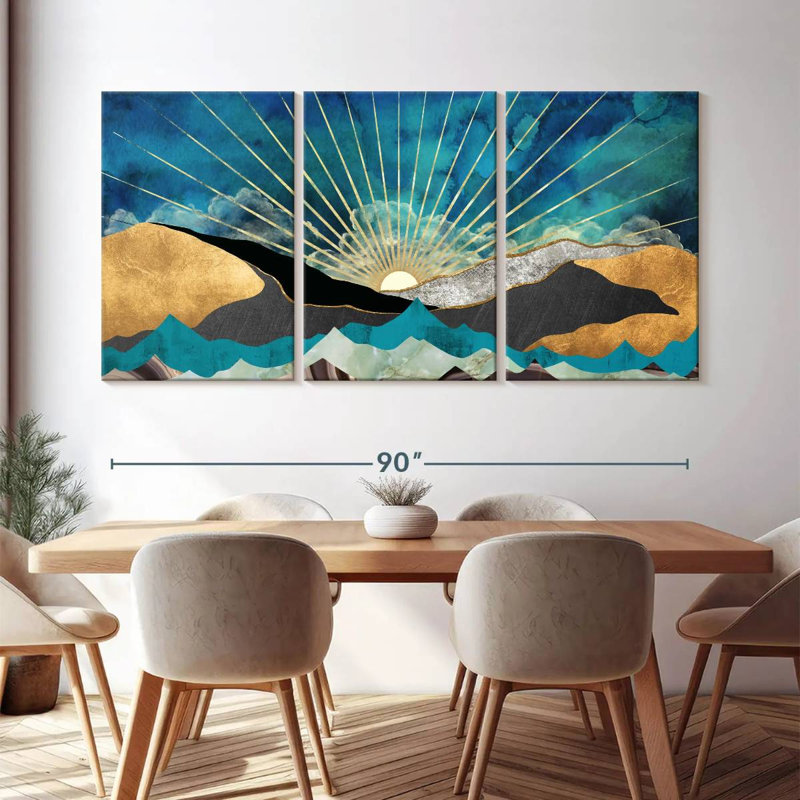 Lever de soleil abstrait 3 pièces, H 45 po x l 92 po x P 1,25 po
