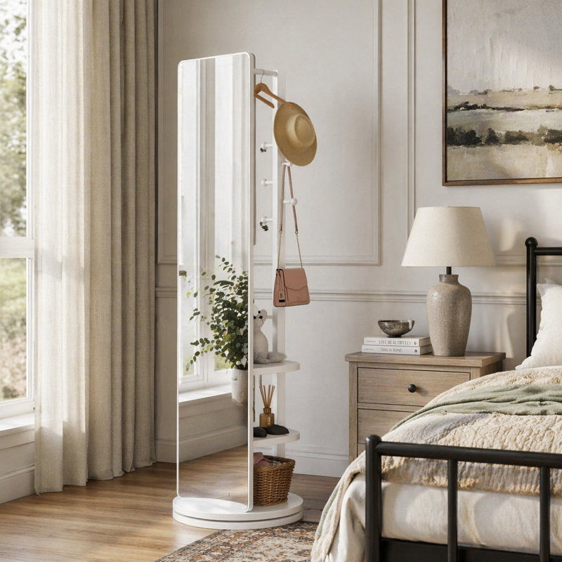 Miroir pleine grandeur pivotant à 360 ° avec support de rangement à crochet, bois massif, peu encombrant pour la chambre à coucher et le salon