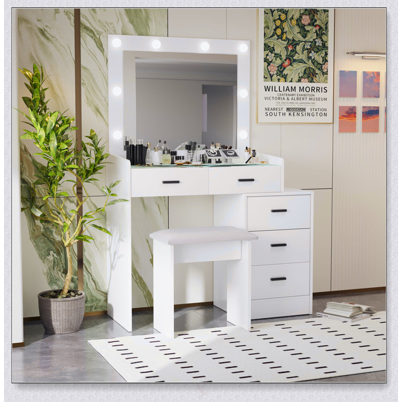 Coiffeuse réglable blanche avec 5 tiroirs et miroir à DEL multi-lumières pour un rangement organisé et un éclairage parfait