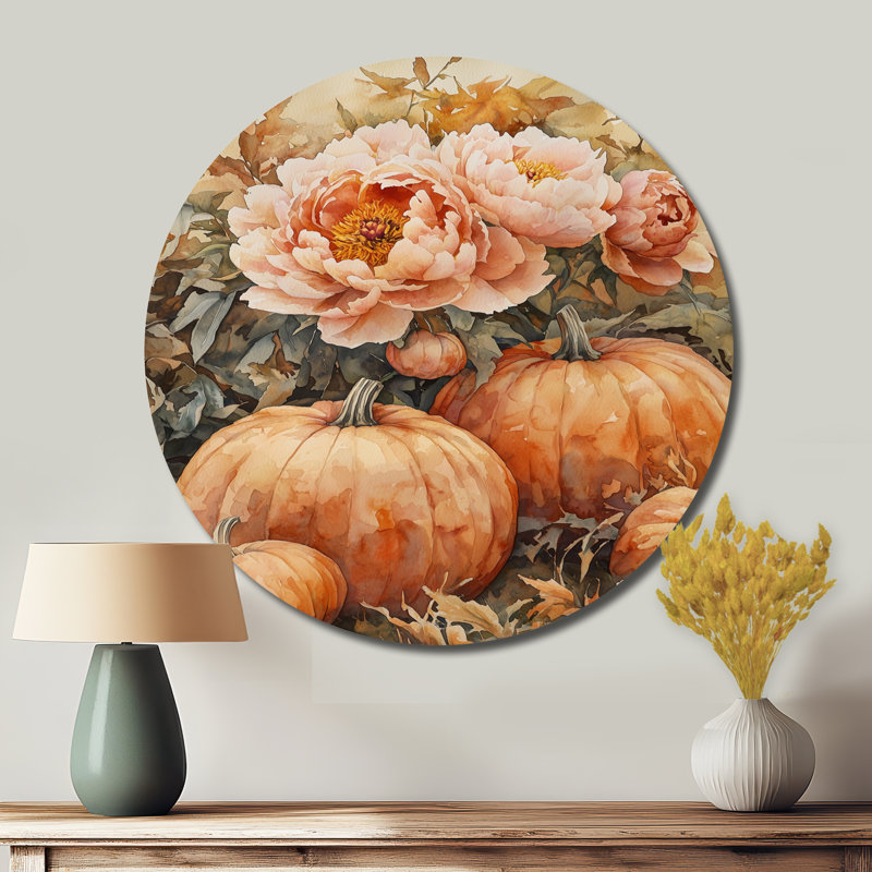 Pivoines parmi les citrouilles - impression de décoration murale en métal rose traditionnel, H 29 po x l 29 po