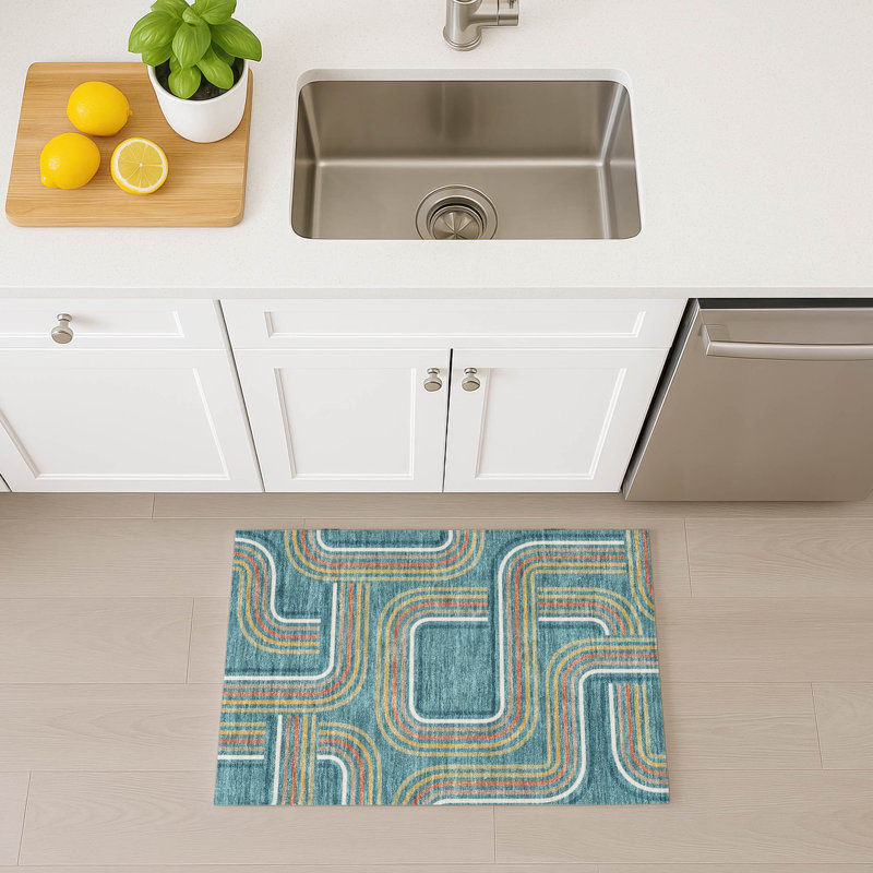 Tapis géométrique intérieur / extérieur lavable à la machine Chantille ACN2535, Sarcelle, Rectangle 1 pi 8 po x 2 pi 6 po