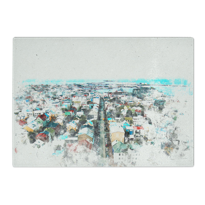 Tempered Glass View of Reykjavik in Iceland Watercolour Chopping Board, 20 cm x 28.5 cm