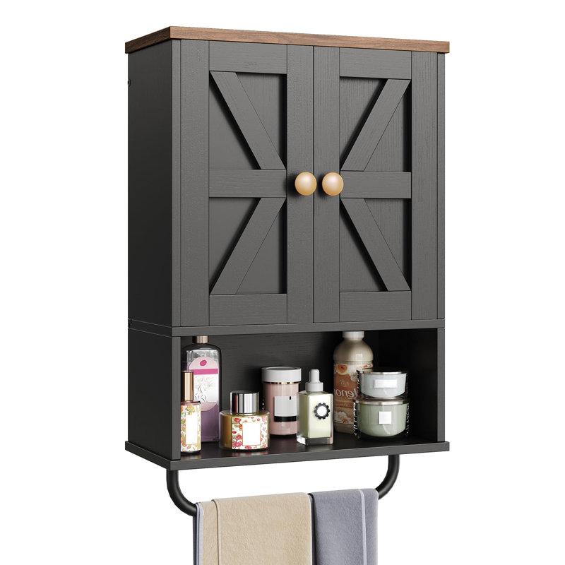 Medicine Cabinet with Open Partition and Towel Bar, Black/Walnut