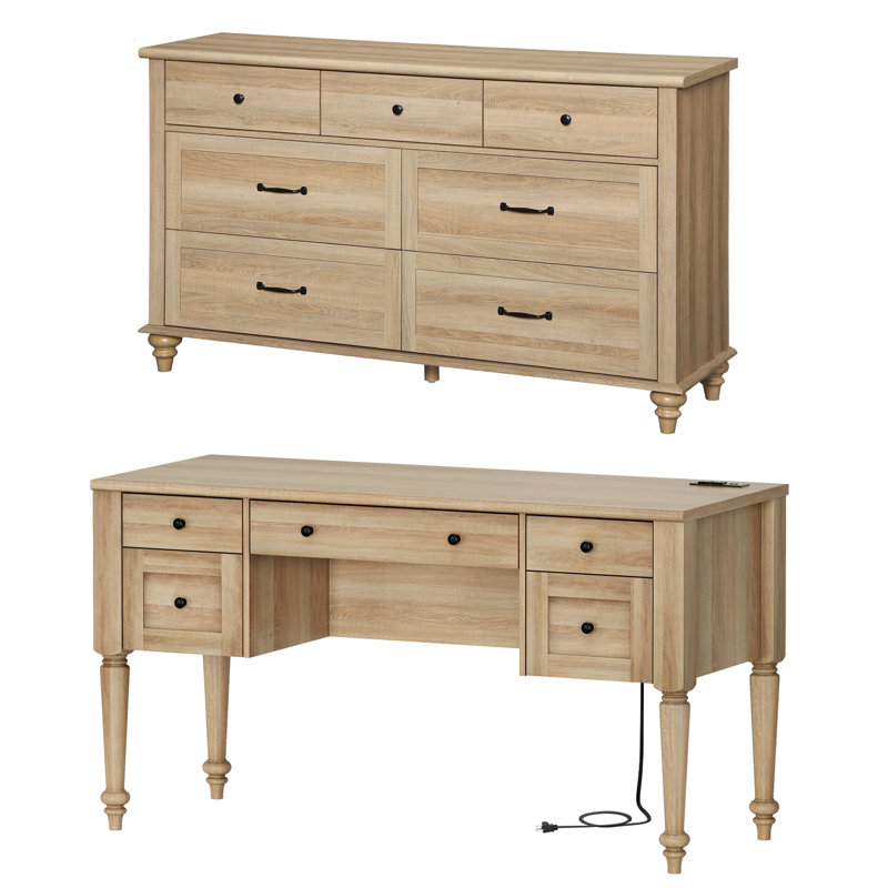 2 Piece Office Set, 56" Executive Computer Desk & 7 Drawer Dresser, Oak