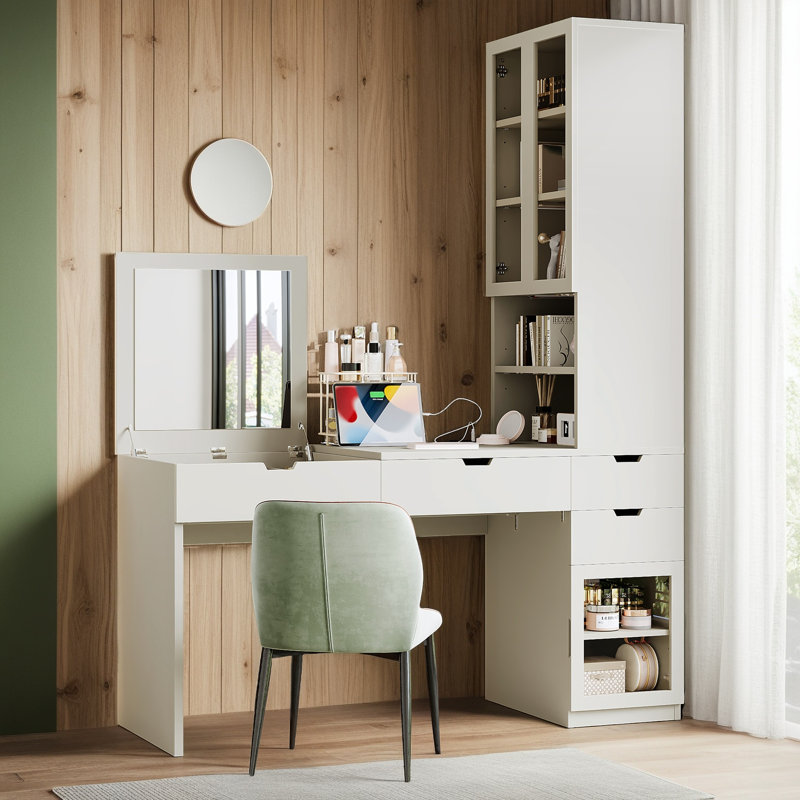 Bureau de maquillage avec miroir, station de charge, 3 tiroirs et 2 armoires