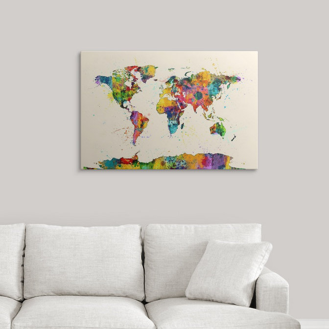 «Map of the World Map Watercolor» par Francy, impression d'art graphique, H 32 po x l 48 po x P 1,5 po, Toile
