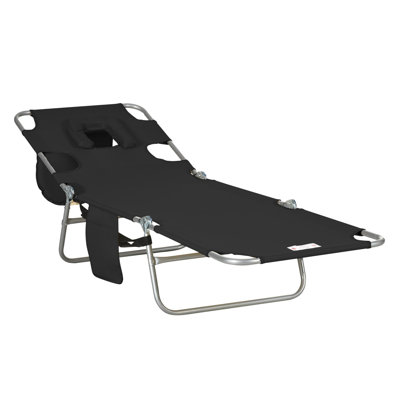 Chaise longue de plage pliante Outsunny avec ouverture pour le visage, réglable sur 5 niveaux, avec coussin et accoudoirs, idéale pour la terrasse, le jardin et la piscine, noire.