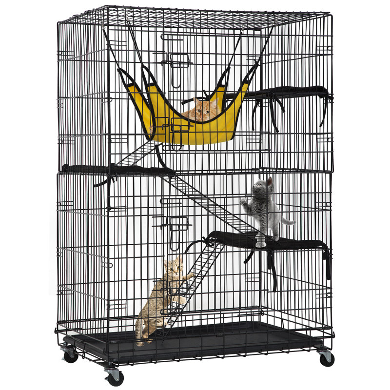 Cat Cage 4-Tier Metal Cat Cage Crate 48 Inches Cat Kennel Cat Playpen with Free Hammock 3 Cat Bed 2 Front Doors 3 Ramp Ladders Perching Shelves