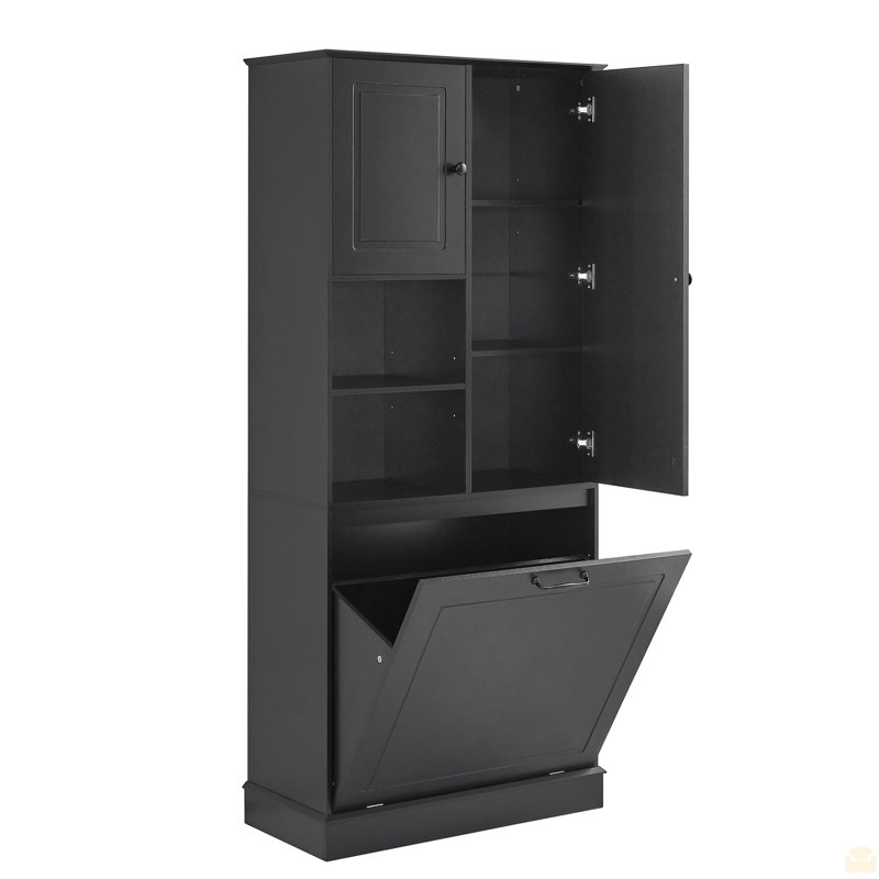 Tall Storage Cabinet with Adjustable Shelves, Large Flip-Out Basket & Enclosed Cabinets, Black