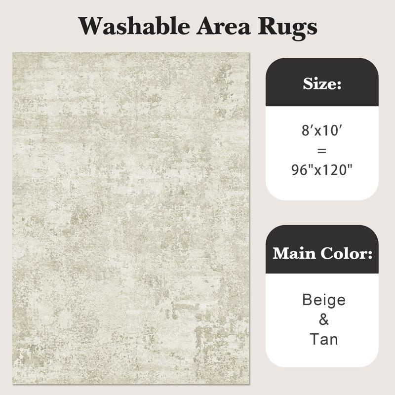 Tapis lavable, tapis abstrait antidérapant, tapis résistants aux taches pour le salon (beige), Rectangle 8 pi x 10 pi