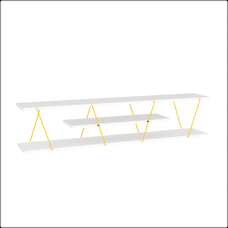 Meuble télé de style moderne du milieu du siècle, style Tars, disponible chez FurnisHome Store. Design discret avec 4 tablettes ouvertes, système de gestion des câbles en métal et profil bas.