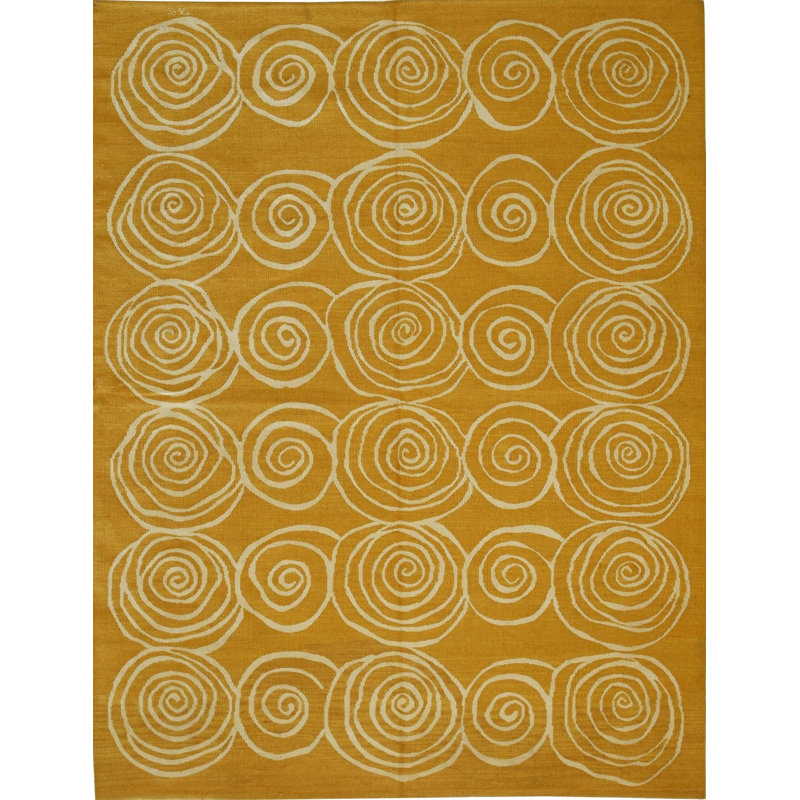 9x12 Yellow Flat Weave Wool Golden Rose Swirl Vintage Mid Century Modern Contemporary Carpet Rug