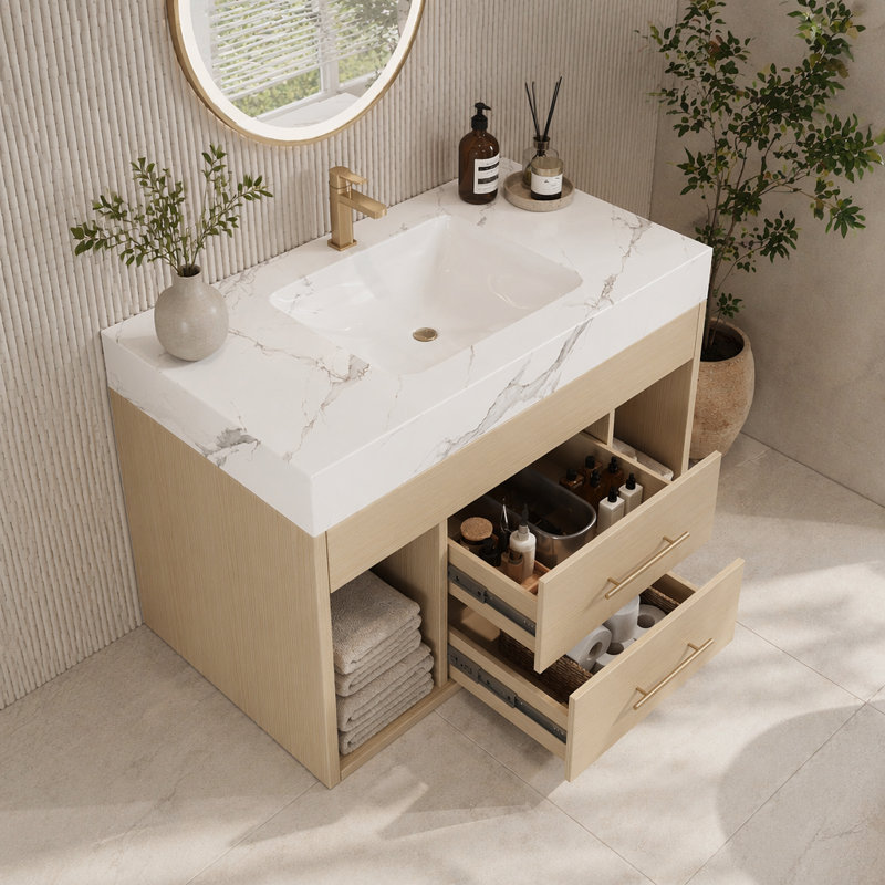 29.9" Modern Floating Bathroom Vanity With Sintered Stone Top Ceramic Undermount Sink, Wood, White