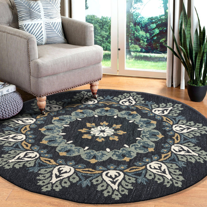Tapis bleu foncé en laine touffeté à la main Padula Paradise, Rond 6 pi
