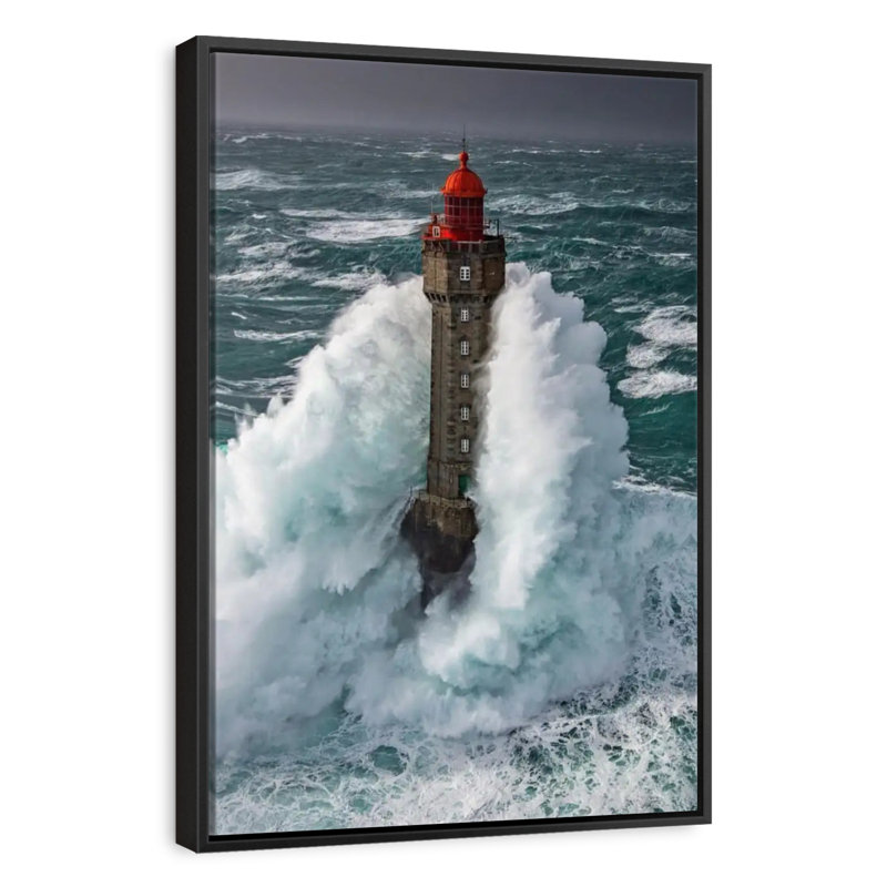 Tempête au phare de La Jument, 13 po x 19 po, Cadre flottant noir