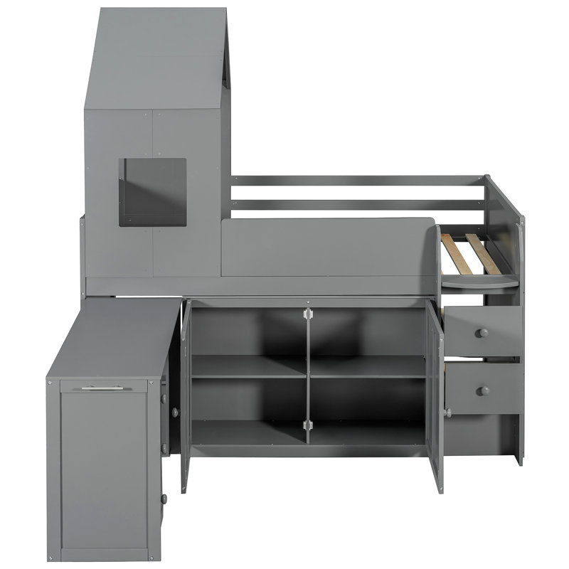 Wooden Loft Bed With Desk, Drawers,Cabinets, Gray