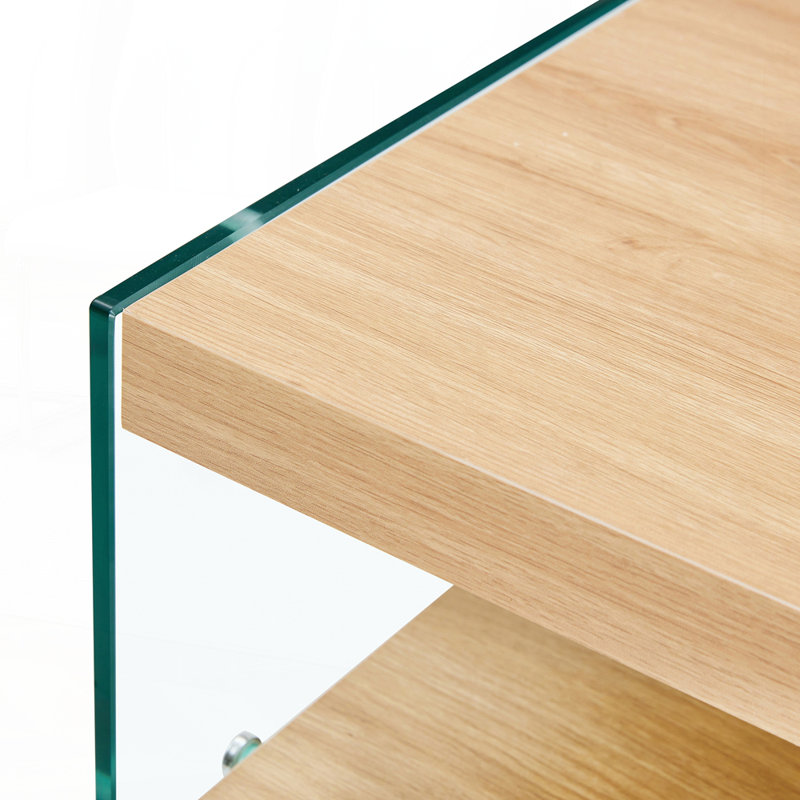 Double Layered Rectangular Coffee Table with MDF Board and Transparent Tempered Glass, Wood