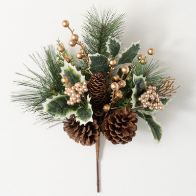 Ensemble de 3 piqûres de houx de pin de Noël, tiges florales vertes et dorées Sullivan's, 17 po
