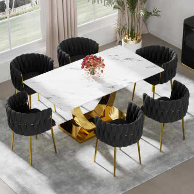 Ensemble de salle à manger rectangulaire à piédestal avec chaise tissée