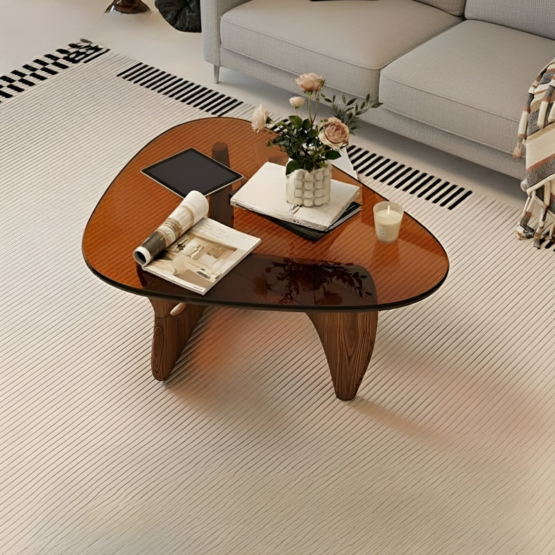 Modern Triangle Coffee Table With Solid Wood Base -walnut, Dark Walnut, Brown