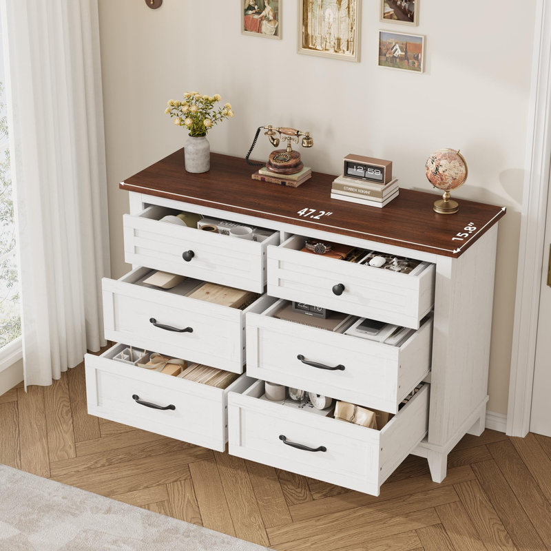 6 Dresser, 47" Wide Drawer Dresser With Storage Freestanding, Wooden Closet Storage Chest, White/Brown