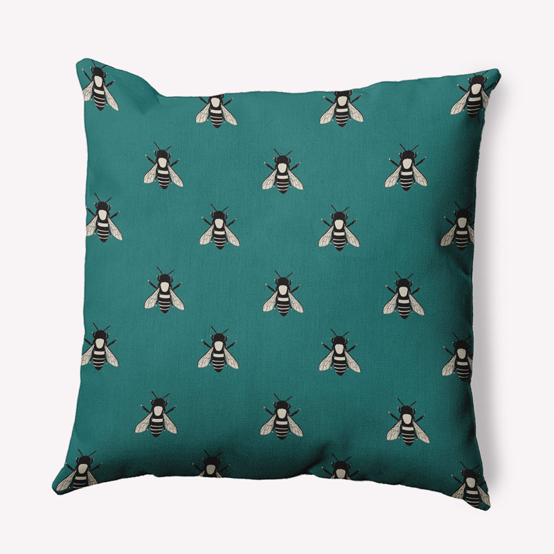 Coussin intérieur / extérieur Bee Buzz, H 16 po x l 16 po, Carré, Bleu sarcelle
