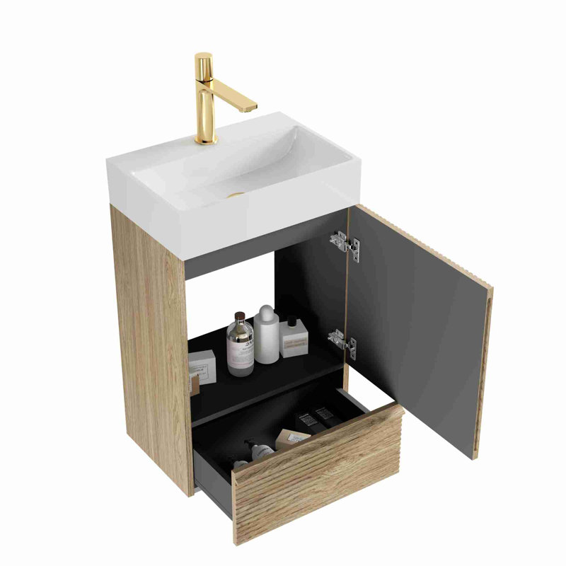 Meuble-lavabo de salle de bain avec rangement, Chêne clair, Blanc