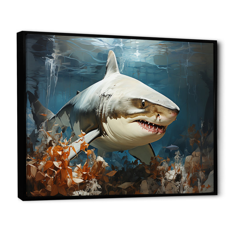 " Minimalism Shark Hunting ", Black Floater Framed, 16" H x 32" W x 1" D