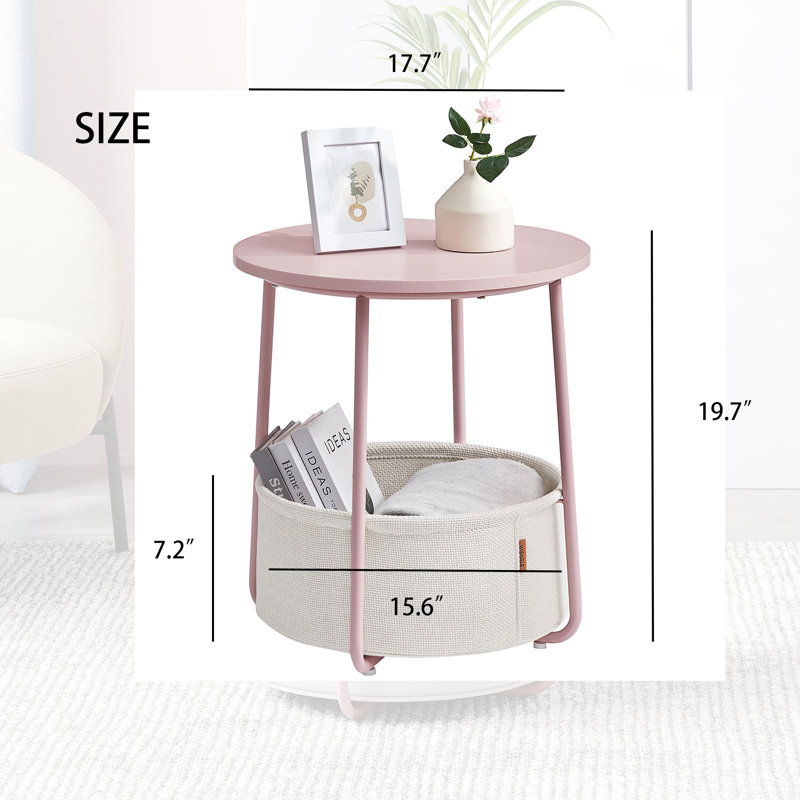  18" W Round End Table with Fabric Storage Basket, Modern Nightstand for Small Spaces, Pink