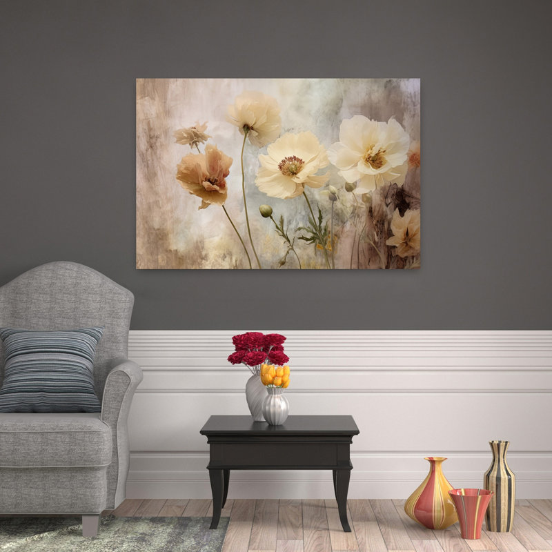 Art contemporain abstrait avec pivoines impressionnistes, H 32 po x l 48 po