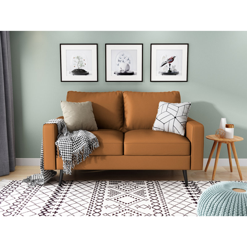 Causeuse de 57,7 po à accoudoirs carrés de style moderne, Similicuir brun, H 33 po x l 58 po x P 31 po