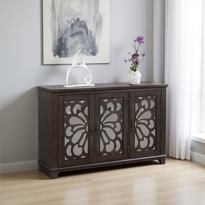 49.33" X 15.55" Spacious Size Countertop Sideboard With 3 Mirrored Doors Adjustable Shelves Buffet Cabinet, Storage Cabinet For Living Room, Bedroom, Dinning Room, Kitchen, Hallway Closet