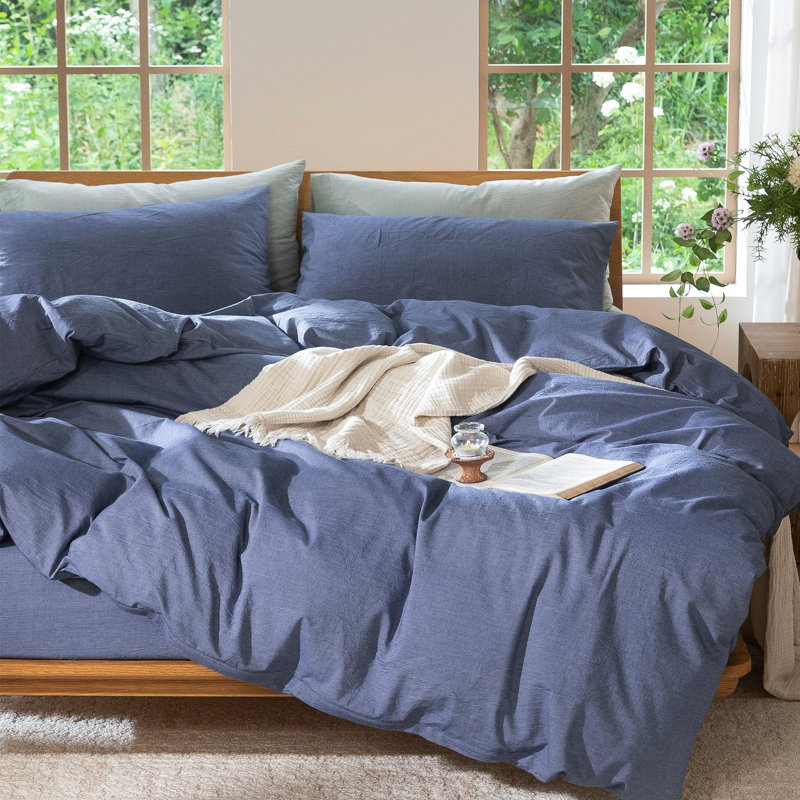 MooMee Duvet Cover Set 100% Washed Cotton Linen Like Textured Lightweight, Denim Blue