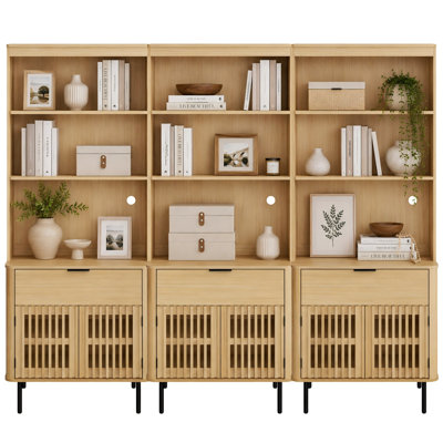73" H x 94.5" W Mid-Century Modern Wood Bookcase with 2 drawer, 4 Doors, 6-Tier Library Storage