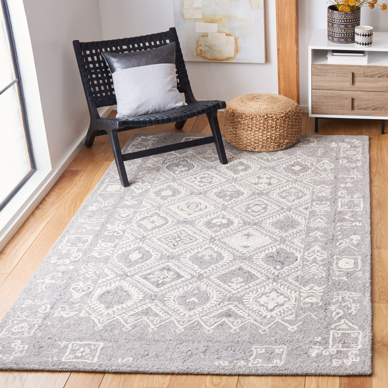 Tapis géométrique en coton touffeté à la main avec micro-boucle, Rectangle 4 pi x 6 pi