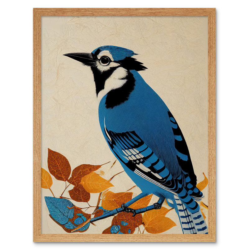 Blue Jay Textured Autumn Bird - Print, 43cm H x 33cm W, Light Brown Framed Paper