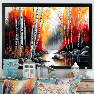 Bouleaux rouges et oranges au bord de la rivière - Peinture sur toile