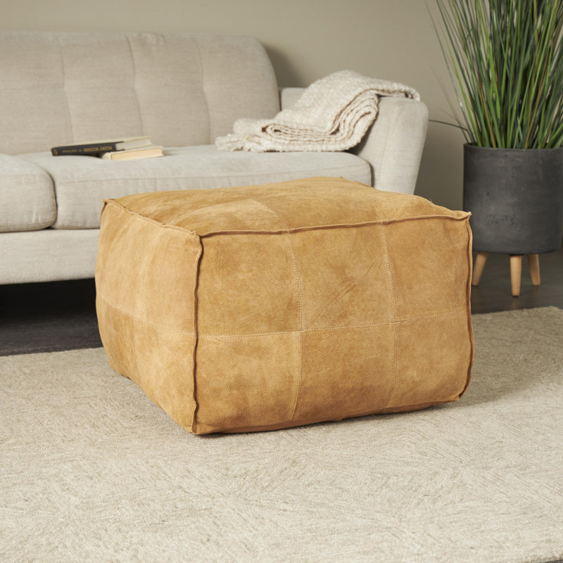 Brown Leather Low Profile Square Stuffed Pouf with Patchwork Design, 28" x 28" x 19", Brown Genuine Leather